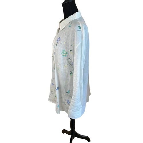 Allison Taylor Floral Embroidered 100% Linen Button-Up Blouse XL White Coastal - Picture 4 of 7