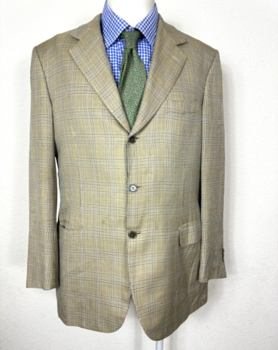 Brioni Sport Coat Jacket Wool Beige Glen Plaid Working Cuffs Men's 40R Nice