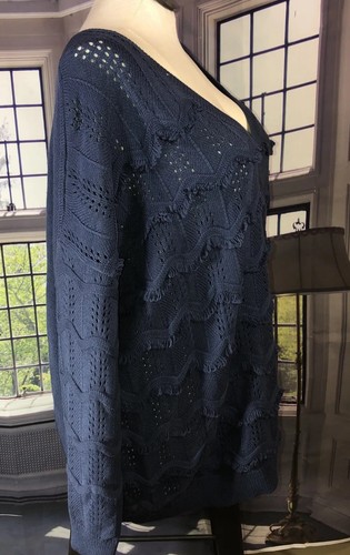 Evri 3X Neu mit Etikett Pointelle Typhon Langarm V-Ausschnitt Pullover blau Fransenbesatz - Bild 5 von 7