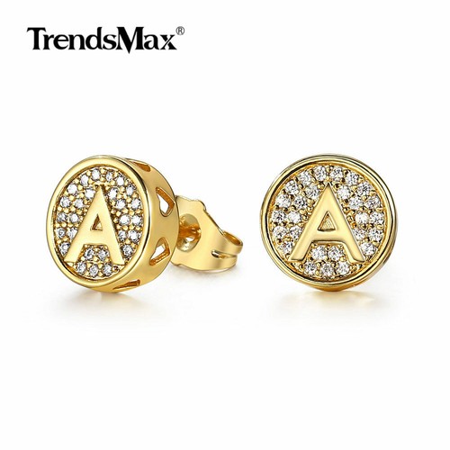 Pair Gold Plated A-Z Stud Earrings Crystal CZ Initial Letter Alphabet Women Men - Picture 9 of 34