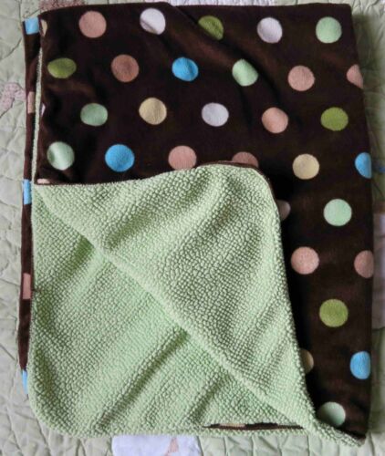 Circo Brown Plush & Green Sherpa Blue White Tan Polka Dots Baby Blanket EUC