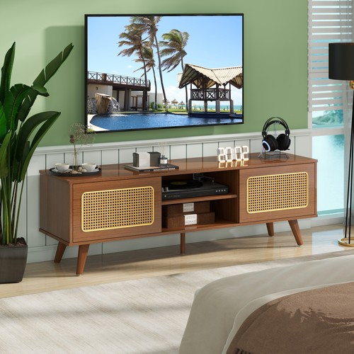 Mid Century Modern Rattan TV Stand for 55/60/65 inch TV , Entertainment Cabinet, - Picture 7 of 11