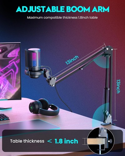 Microphone USB Gaming pour PC : Micro à condensateur d'ordinateur avec bras de flèche - Enregistrement A - Photo 5/8