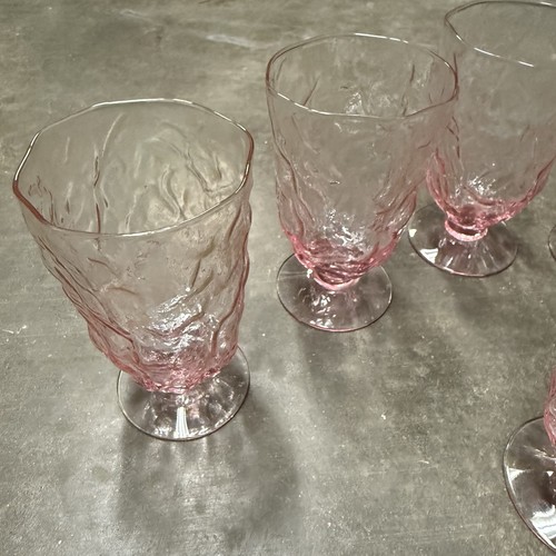 Vintage MCM Seneca Driftwood Crinkle Pink Glass Footed Water Goblets Set of 8 - Picture 2 of 13