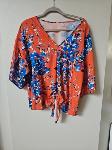Womens Orange V-Neck Short Sleeve Tie Waist Floral Blouse XL