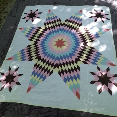 Handmade Patchwork Quilt Lone Star 72x88 Multicolor Cotton Bedspread 