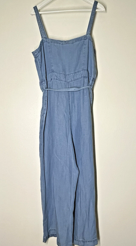 LOFT Plus Linen Romper Size 14 Wide Leg Overalls Blue Buttons Pockets Belt - Picture 2 of 5