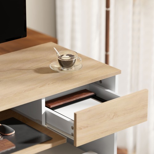 HOMCOM Compact Computer Table with Keyboard Tray and Drawer, Oak - Picture 8 of 11