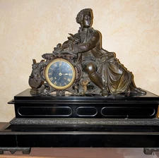 1865 Napoleon III ANTIQUE Bronze and Black Belgian slate FRENCH MANTLE CLOCK