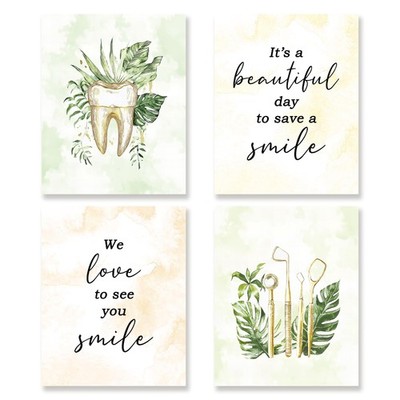 Dental Wall Decor Art Set of 4 - Dentist Clinic Artwork Poster Prints Green L...