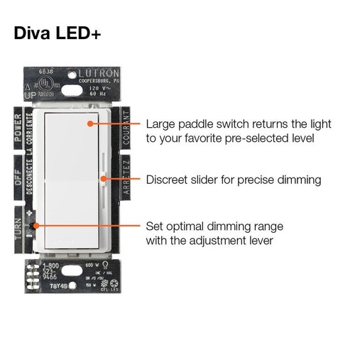 Interruptor atenuador Diva LED+ con placa de pared para bombillas LED regulables de 150 W/un solo polo - Imagen 13 de 13