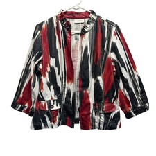 Chico's Ikat Print Linen Blend Ruffle Collar Jacket Red Black White Size 1 M