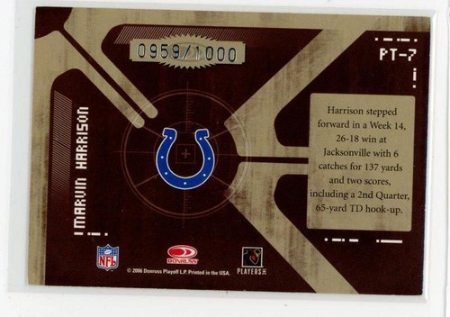 2006 Donruss Elite #PT-7 Marvin Harrison Prime Targets Gold #/1000 - Picture 2 of 2