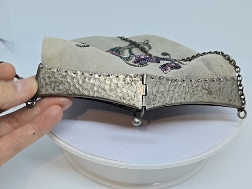 Vtg Handmade Beaded Flapper Art Deco Style Bag Purse Suede Metal Purple Flowers - Picture 12 of 22