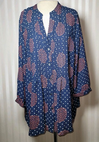 Charter Club Top 3X Navy Floral Polka Dot Button Up Pintuck Bodice Tunic Blouse - Picture 2 of 8