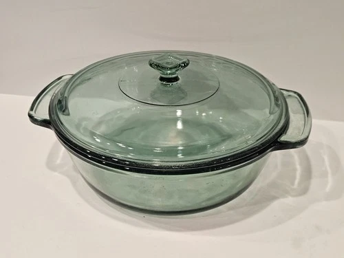 Vintage Green Glass Casserole Dish, Anchor Hocking 9" With Lid