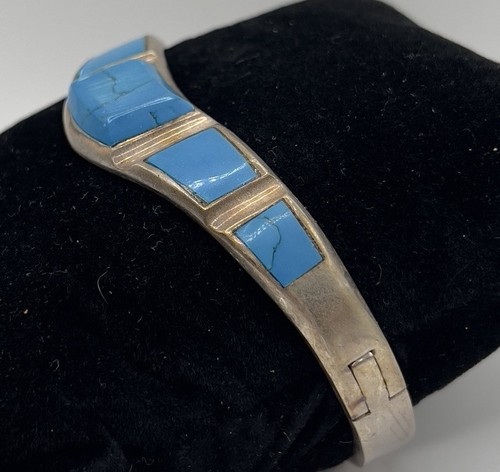 Vintage Silver 950 Navajo Turquoise Stone Bangle Hinge Bracelet (38.08g) - Picture 3 of 12