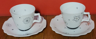 2 Augarten Wien Austrian Floral Porcelain Cup & Saucer Sets