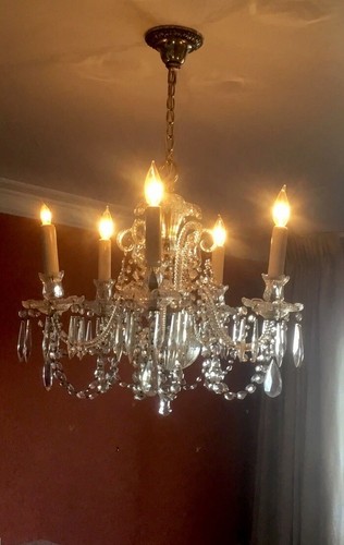 Vintage Mid-Century 5 Arm Crystal Chandelier Candlelight 18” H x 32”W VG Cond