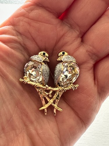 Goldfarbene Lovebirds Brosche mit kristallklarem Bauch und Strass - Bild 2 von 5