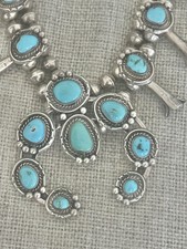 Native American Navajo Turquoise Silver Squash Blossom Bead Necklace 137 grams 