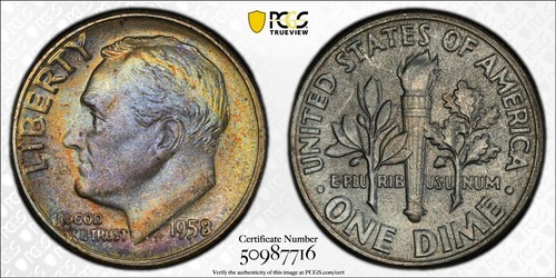 MS66 1958 10C Roosevelt Silver Dime, PCGS Trueview- Pretty Mint Set Toned - Picture 2 of 6
