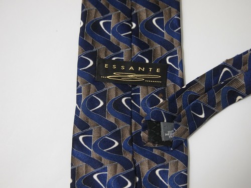 Vtg Essante Mens Necktie Tie Navy Blue Brown Abstract Art Geometric Silk 58" - Picture 3 of 4