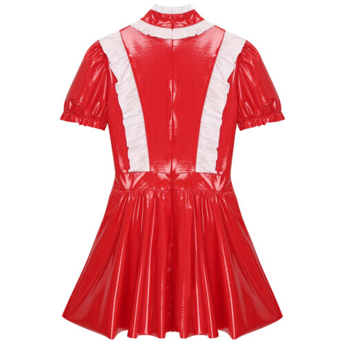 Damen Dienstmädchen Kostüm Lackleder Französisch Maid Uniform Schleifen Kleid - Bild 15 von 34