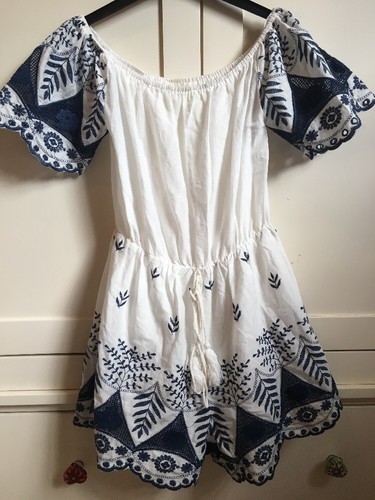 Amore ricamato bianco cose e blu floreale altre Boho con Bardot Playsuit ricamo fYFafqnwr