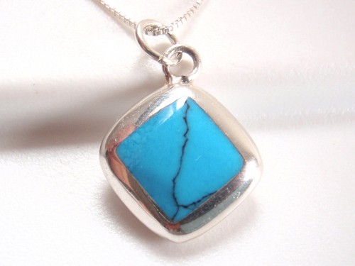 Reversible Simulated Turquoise and Mother of Pearl 925 Sterling Silver Necklace - Picture 3 of 4