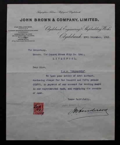 CUNARD LINE RMS FRANCONIA JOHN BROWN RECIBO ORIGINAL CONSTRUCTORES 20 DIC 1919 - Imagen 2 de 7