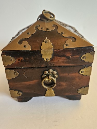 Vintage *Repro Wooden & Brass Seal Box Vintage Prayer, Trinket Treasure Box - Picture 3 of 6