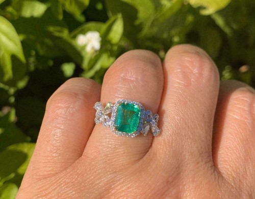 3.08 Ct Emerald Cut Natural Emerald & Diamond Anniversary Ring 14k White Gold 8 - Picture 4 of 9