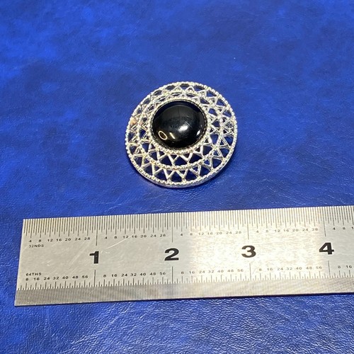 Vintage Sarah Coventry runde gewölbte filigrane schwarze Cabochon silberfarbene Brosche Anstecknadel - Bild 2 von 12