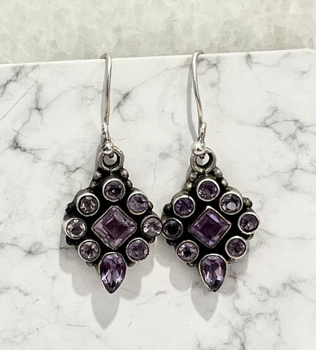Vintage Sterling Silver 925 Round Square Pear Amethyst Drop Dangle Hook Earrings - Picture 2 of 4