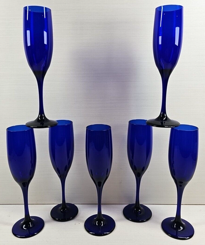 7 Libbey Teardrop Cobalt Fluted Champagne Set Elegant Blue Stemware Glasses Lot - Picture 7 of 24