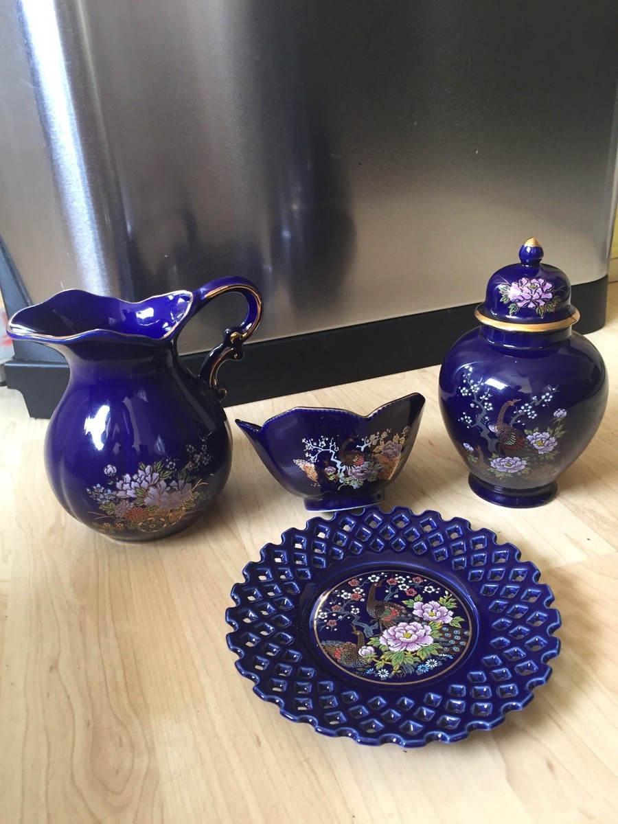 Rare Exquisite Vintage Japanese Dark Blue Fine China Set - Bird