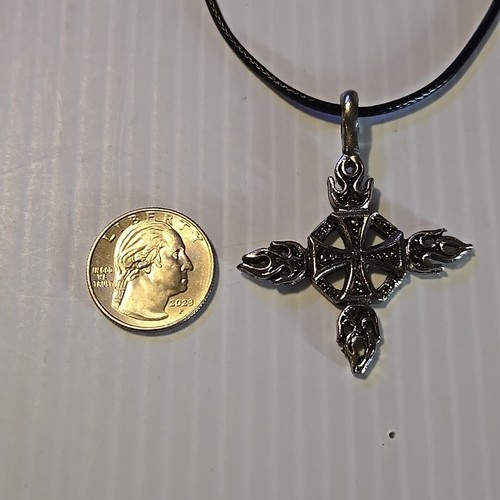 IRON CROSS / FLAMES Vintage Pewter Pendant Charm / 26+" Adjustable Necklace - Picture 2 of 3