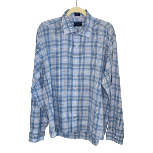 Peter Millar Summer Chambray Blue Plaid Button Down Shirt, XL - Picture 1 of 8