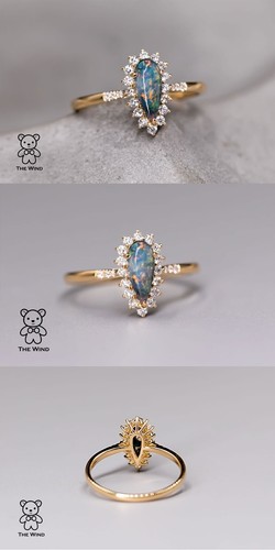 Stilvoller australischer schwarzer Opal & Halo Diamant Verlobungsring 18K Gelbgold - Bild 6 von 12