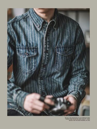 Cappotto giacca da lavoro uomo retrò lavato a righe denim camicia sciolta casual M-3XL - Foto 16 di 24