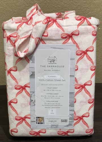 FARMHOUSE Rachel Ashwell Shabby Chic Ribbon Bows Cotton Flannel TWIN Sheet Set - Picture 2 of 2