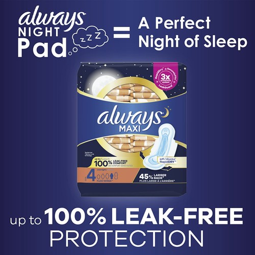 Always Maxi Pads Size 4 Overnight Absorbency Unscented without Wings, 28 Count - Picture 3 of 6