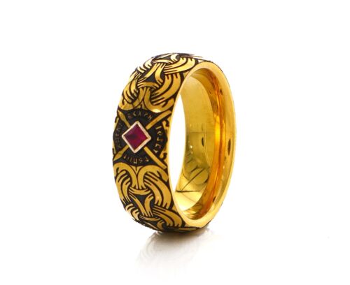 Viking Tungsten Ring, Ruby Tungsten Ring, Men's Wedding Band - Picture 8 of 12
