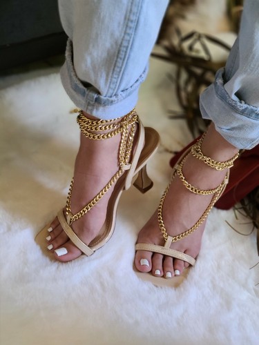 New Women's Gold Chain Anklet Strappy Wrap Lace-Up Sandal Open Toe Stiletto Heel - Picture 3 of 12
