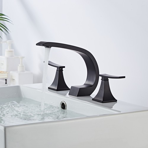 Grifo de lavabo de baño negro mate de 6" amplio con drenaje 3 orificios/2 manijas grifos - Imagen 4 de 5