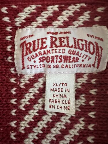 Felpa con cappuccio True Religion L rossa panna maglione maglia 100% cotone pullover tasca - Foto 7 di 13