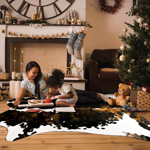 Faux Leather Cowhide Rug 6.2' x 5.2' - Easy Clean Durable Soft Design - Picture 4 of 11