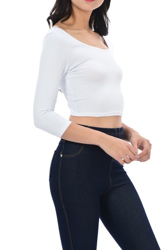 Auline Colletion Womens Solid Color Basic Cropped Top Crop top Scooped Tee Shirt - Picture 17 of 153