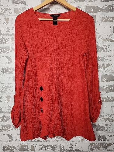 Ali Miles Shirt Womens Small Red Crinkle Black Button Roll Tab Sleeve V Neck